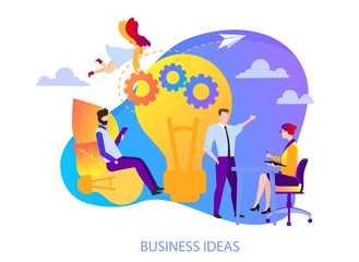 Naklejka na ściany i meble Business ideas and projects. Design template with people work and lightbulb.