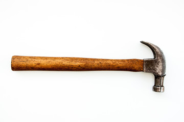 Old vintage handle hammer tool on the white background, Isolate steel head hammer wood handle 