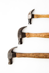 set of old vintage hammer tool for carpent on white background 