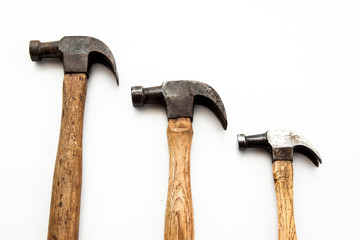 set of old vintage hammer tool for carpent on white background 