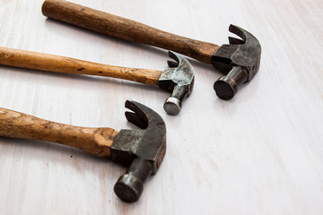 Set of vintage hammer tool for carpenter wood working the head steel and wood handle