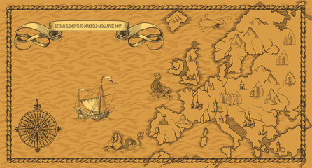 Old caravelle, vintage sailboat, sea monster. Detail of fantasy geographical maps © Shalyapina