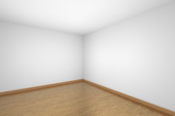 Empty white room corner with brown wooden parquet floor