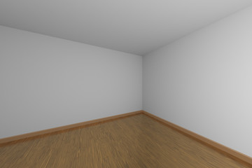 Empty white room dark corner with brown wood parquet floor.