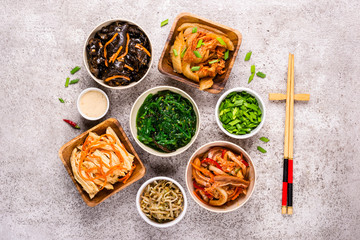 Korean spicy and vegetable pickled food on gray background