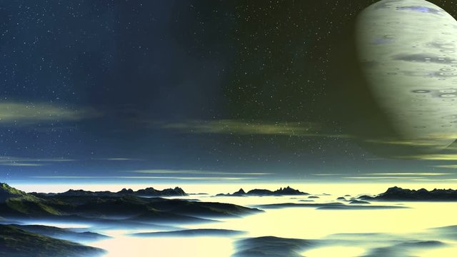 Blue Giant over Alien Planet. In the dark starry sky huge blue planet. Slowly floating clouds. Dark mountains and hills stand among thick white fog. Bright sun goes below the horizon.