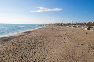 Pollution on the beach of tropical sea. Plastic garbage, foam, wood and dirty waste