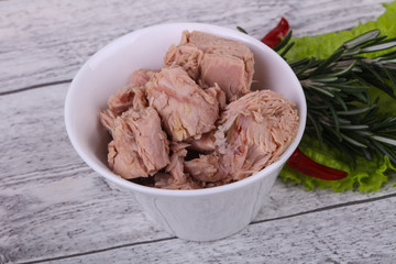 Tasty canned tuna fish in the bowl