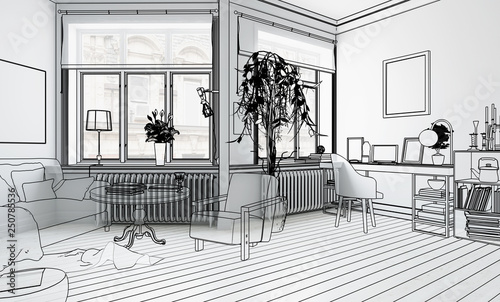 Möbliertes Wohnzimmer (Planung) - 3d Illustration\ Möbliertes Wohnzimmer (Planung) - 3d Illustration\