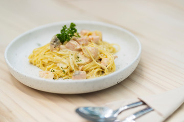 Spaghetti in a white dish