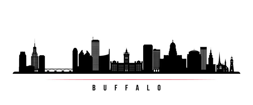 Buffalo city skyline horizontal banner. Black and white silhouette of Buffalo USA city. Vector template for your design.