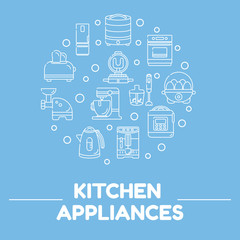 Kitchen electric appliances for cooking. Vector flat transparent icons in linear style on blue background. Isolated objects