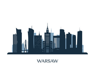 Warsaw skyline, monochrome silhouette. Vector illustration.