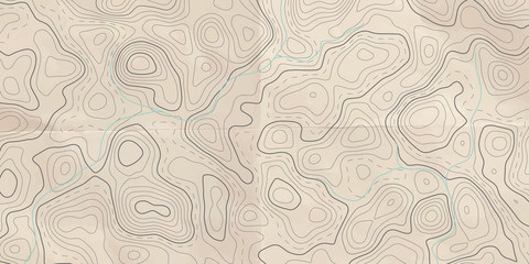 Topographic line map with river. Abstract horizontal banner. Aged paper effect.