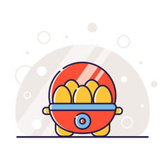 Kitchen electric appliances for cooking. The process of cooking eggs in the egg boiler. Vector flat illustration in linear style.