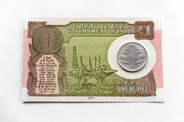 Indian New One Rupee Note & Coin