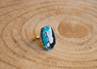 Handmade jewelry of polymer clay. Abstract boho ring. Fashion design jewelry.