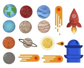 Flat space set.Kit with  planets, comets, rocket and observatory. Isolated
