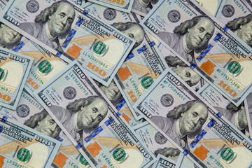 Background of dollar bills. American Dollars Cash Money. One Hundred Dollar Banknotes. Hundred...