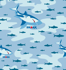 Shark and flocks of fishes. Seamless patterns. Design for textiles, thematic site background, diving club and spearfishing.	