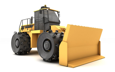 Obraz na płótnie Canvas Powerful concept. Massive yellow hydraulic earth mover with thorns on wheels isolated on white. 3D illustration. Perspective. Front side view. Low angle view. Left to right direction.