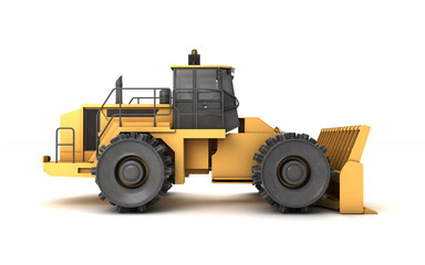 Powerful concept. Massive yellow hydraulic earth mover with thorns on wheels isolated on white. 3D illustration. Side view. Left to right direction.