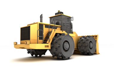 Obraz na płótnie Canvas Powerful massive yellow hydraulic earth mover with thorns on wheels isolated on white. 3D illustration. Perspective. Rear side view. Right side. Low angle. Left to right direction.