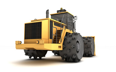 Powerful massive yellow hydraulic earth mover with thorns on wheels isolated on white. 3D illustration. Perspective. Rear side view. Right side. Low angle. Left to right direction.