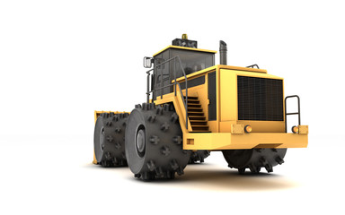 Powerful massive yellow hydraulic earth mover with thorns on wheels isolated on white. 3D illustration. Perspective. Rear side view. Low angle. Left side. Right to left direction.