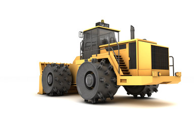 Powerful massive yellow hydraulic earth mover with thorns on wheels isolated on white. 3D illustration. Perspective. Rear side view. Low angle. Left side. Right to left direction.