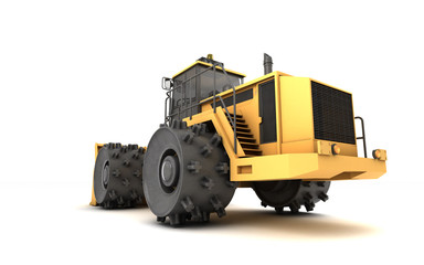 Powerful concept. Massive yellow hydraulic earth mover with thorns on wheels isolated on white. 3D illustration. Perspective. Rear side view. Low angle. Left side. Right to left direction.
