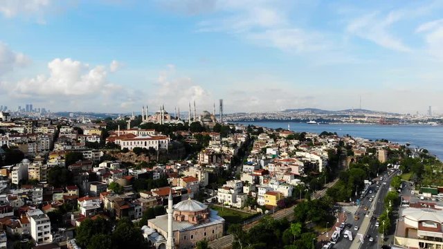 Aerial view on Sultanahmet district with the Blue Mosque and Hagia Sophia