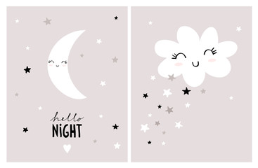 Cute Nursery Vector Art Set. White Smiling Moon and Fluffy Cloud on a Pink Gray Background. Hello Night Wall Art. Lovely Infantile Style Poster for Kids. Abstract Sky With Stars, Moon and Cloud.