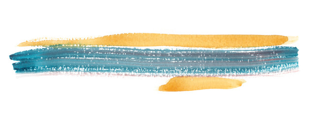 Long horizontal blue and yellow lines painted in watercolor on clean white background