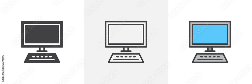 Poster Desktop computer icon. Line, glyph and filled outline colorful version, PC Computer monitor and keyboard outline and filled vector sign. Symbol, logo illustration. Different style icons set. 