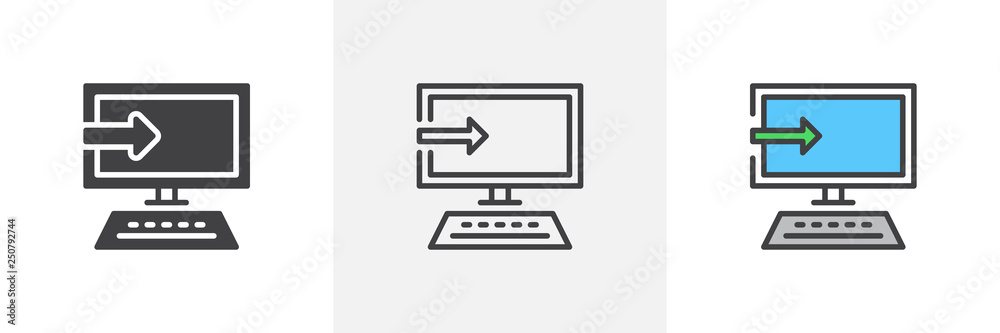 Fototapete software install icon. line, glyph and filled outline colorful version, desktop computer monitor wit