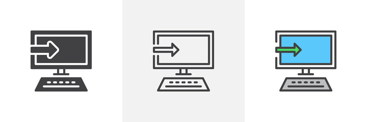 Software install icon. Line, glyph and filled outline colorful version, desktop computer monitor with arrow outline and filled vector sign. Symbol, logo illustration. Different style icons set.