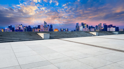 Empty square floor and beautiful city night view in Hangzhou