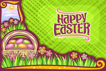 Vector greeting card for Easter holiday with copy space, dark banner with yellow & pink wildflowers, rustic pottle with pile of colorful eggs, lettering for words happy easter, sun on morning sky.