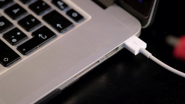 Close-up of a USB and HDMI cables being connected to computer.