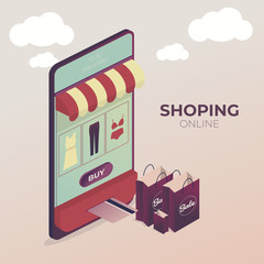 Vector icon mobile phone. Order online, shopping concept. Modern web design. Online shopping modern flat design concept. Vector template. Shopping bag icon.