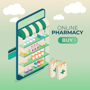 Online pharmacy conceptual composition with isometric images of smartphone and various pharmaceutical drugs on screen top vector illustration