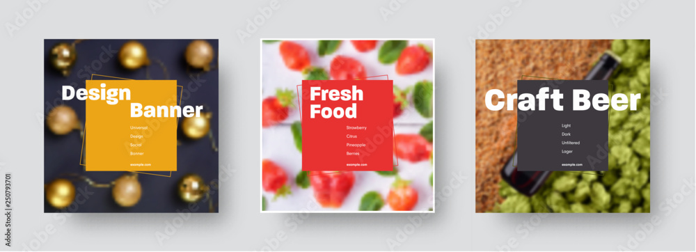 Poster Set of templates vector banner with a photo on the background and a square color element with a stroke for text.