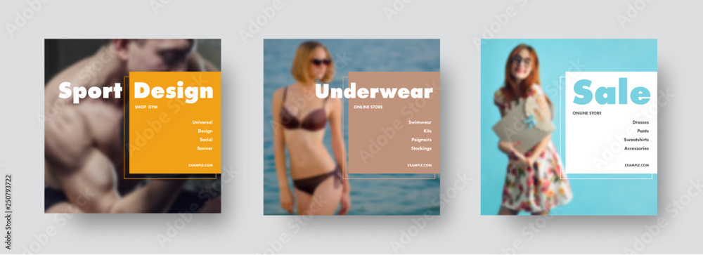 Poster Design of square banners for social networks with photo on the background and rectangles and stroke for headlines and text.