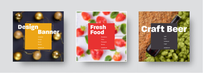 Set of templates vector banner with a photo on the background and a square color element with a stroke for text.