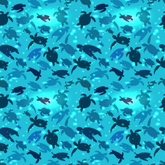 World Turtle Day 23 May background. Turtle swims in the ocean against the background of the sun. Seamless pattern.