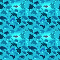 World Turtle Day 23 May background. Turtle swims in the ocean against the background of the sun. Seamless pattern.