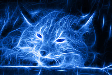 Fractal image of a wild sleeping lynx in blue on a contrasting black background