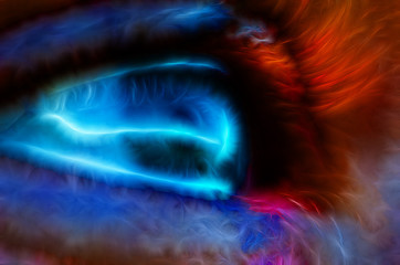 Abstract human eye, in the pupil of which the dawn in the outer space of the universe is reflected