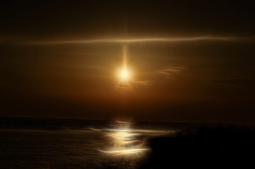 A passenger plane flying over the Black Sea against the setting sun